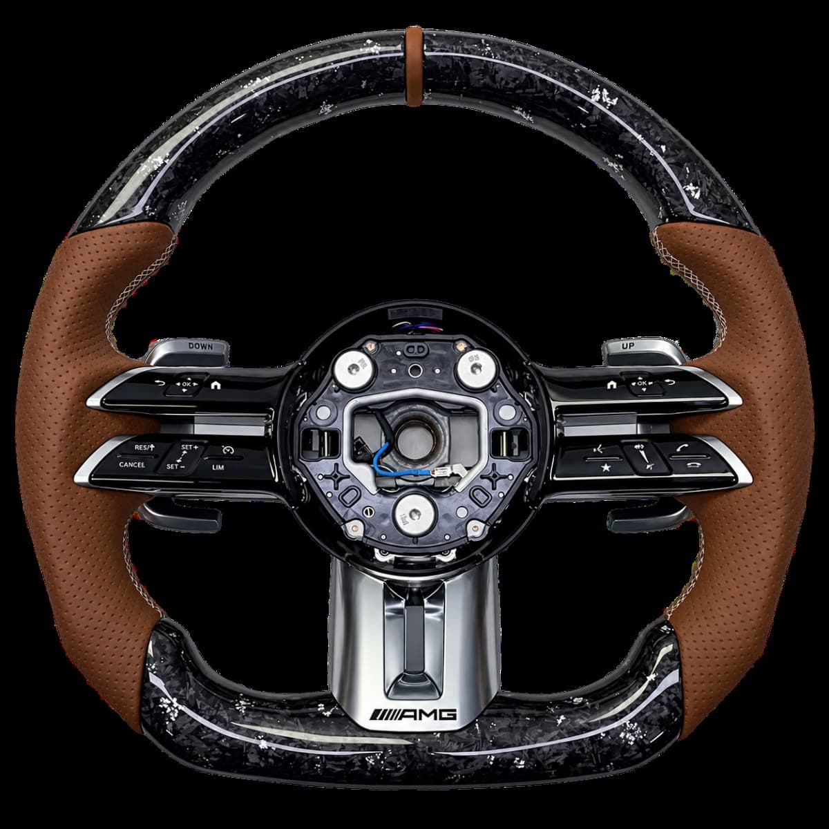 TUTULE custom steering wheel combining a dark textured finish with brown wrap