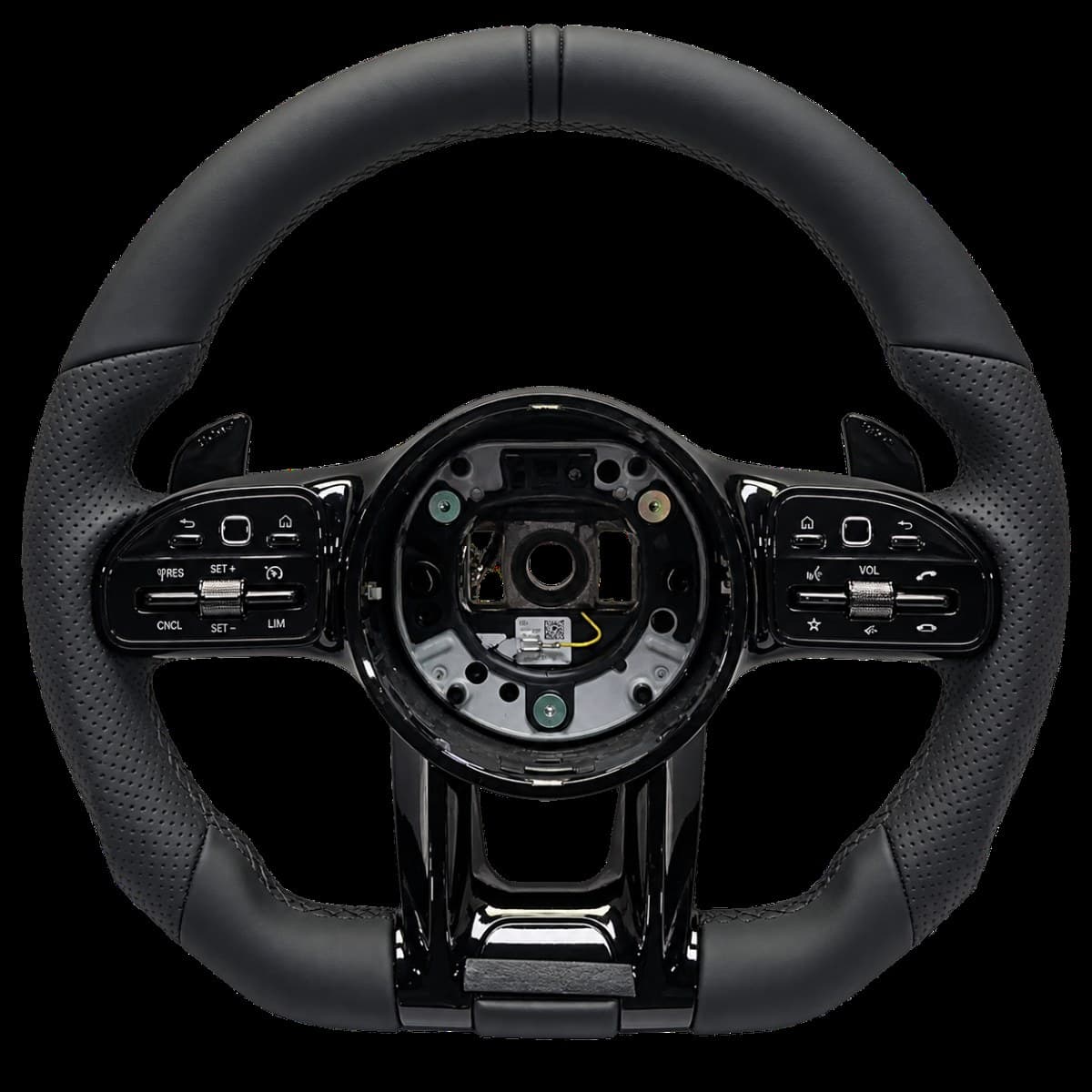 Black steering wheel dominated by a leather-style wrap