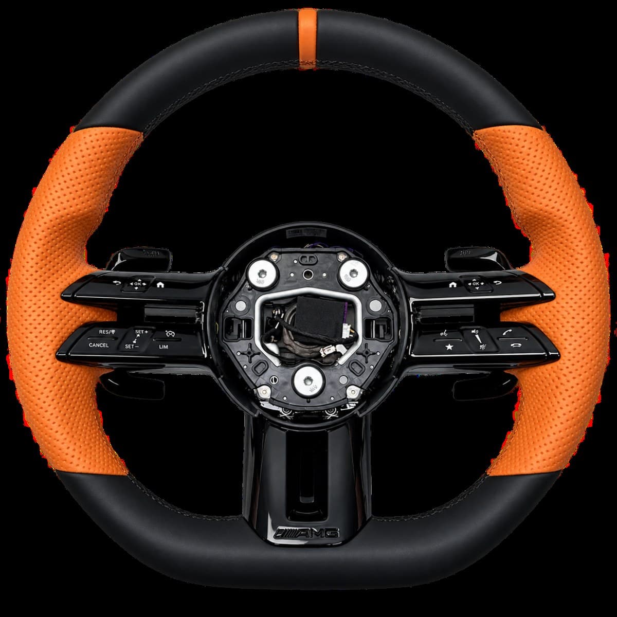 Black and orange contrasting steering wheel