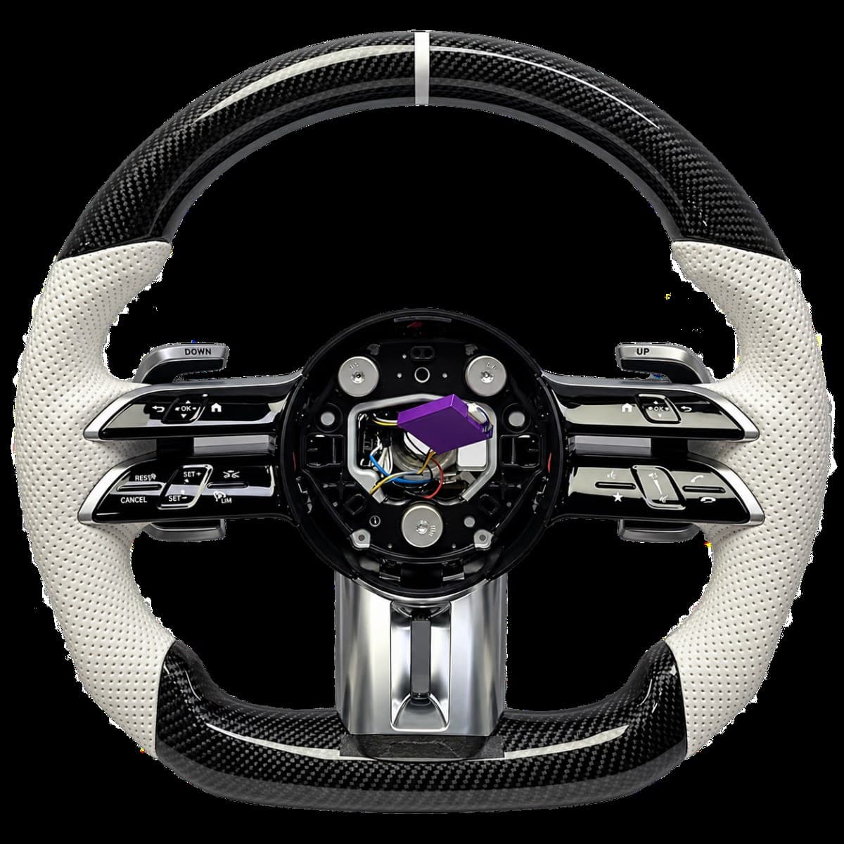 Black steering wheel with light-colored grip