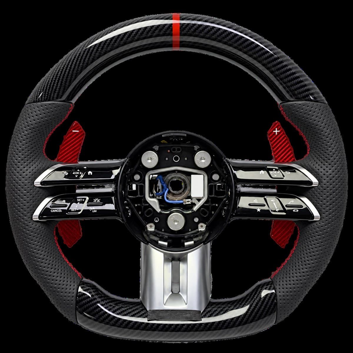 Close-up of a finished steering wheel with a regular carbon fiber texture