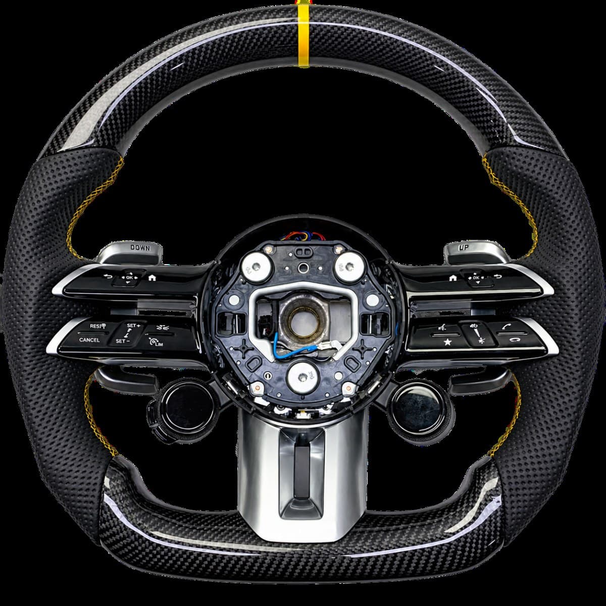 Dark steering wheel with a yellow top center marker